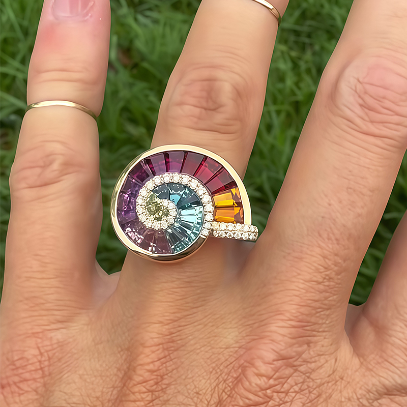 Ammonite Motif Rainbow Sapphire Baguette Cut Statement Band for Men / Women
