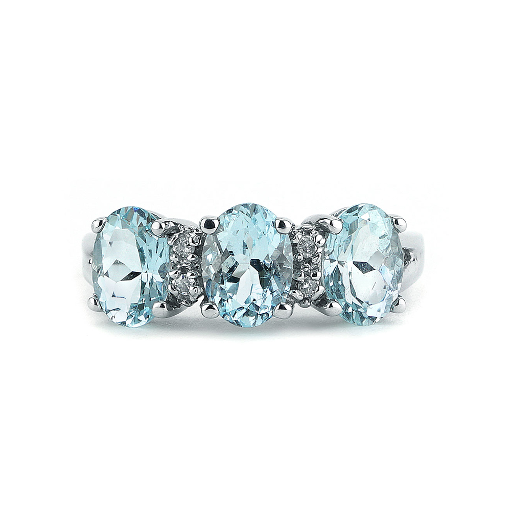 Oval Cut Aquamarine & White Sapphire  Three-Stone Ring