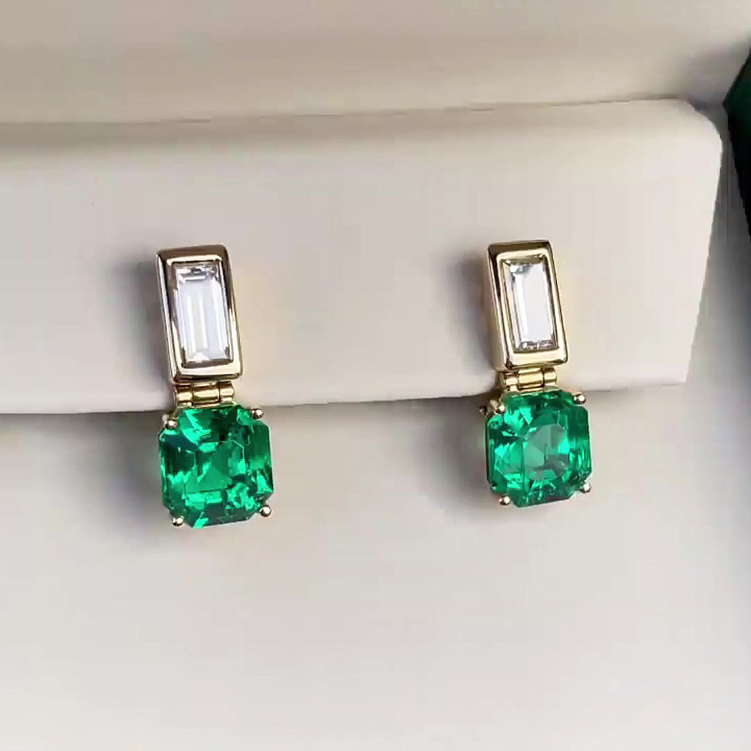 Emerald&Asscher Cut White&Emerald Sapphire Drop Earrings