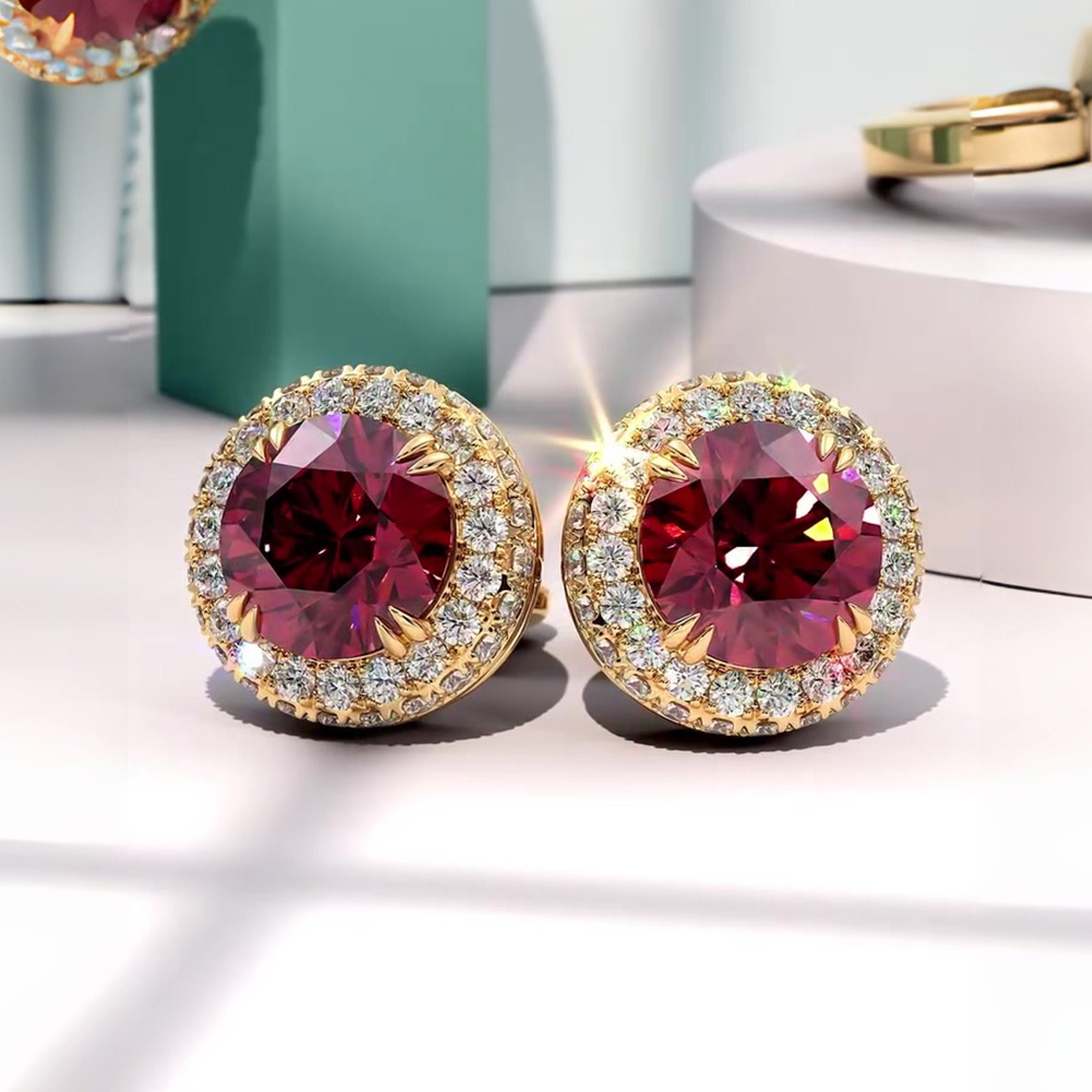 Round Cut Garnet & White Sapphire Wedding Set / 3-Piece