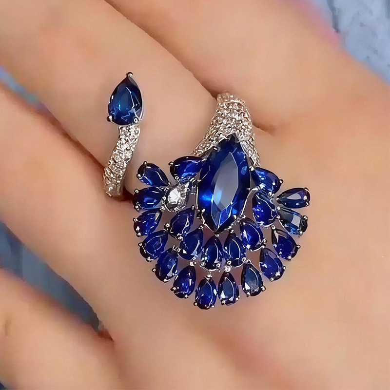 Fan Cluster Blue Sapphire Round & Pear Cut Cocktail Ring