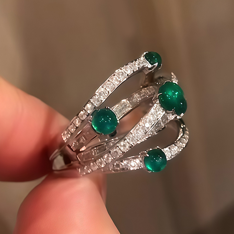 Twisted Pave Emerald & White Sapphire Cabochon & Baguette Cut Multi-Band Statement Ring