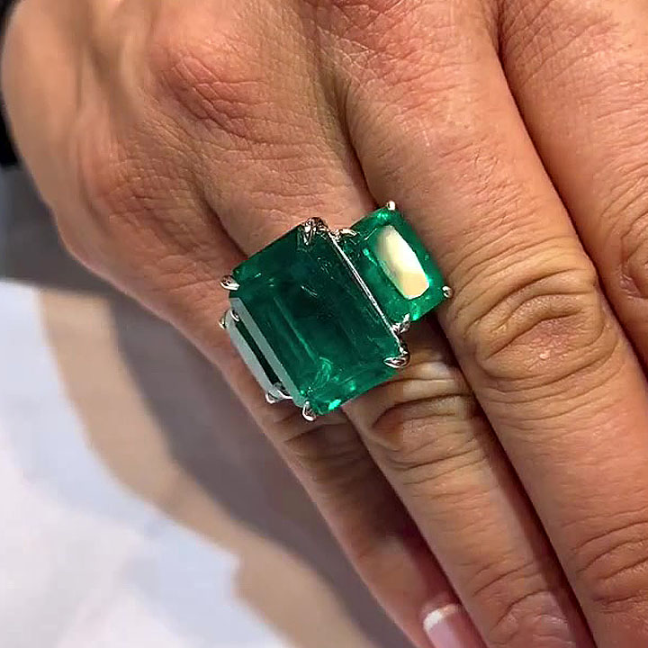 16ct Three-stone Emerald Cut Emerald Sapphire Ring