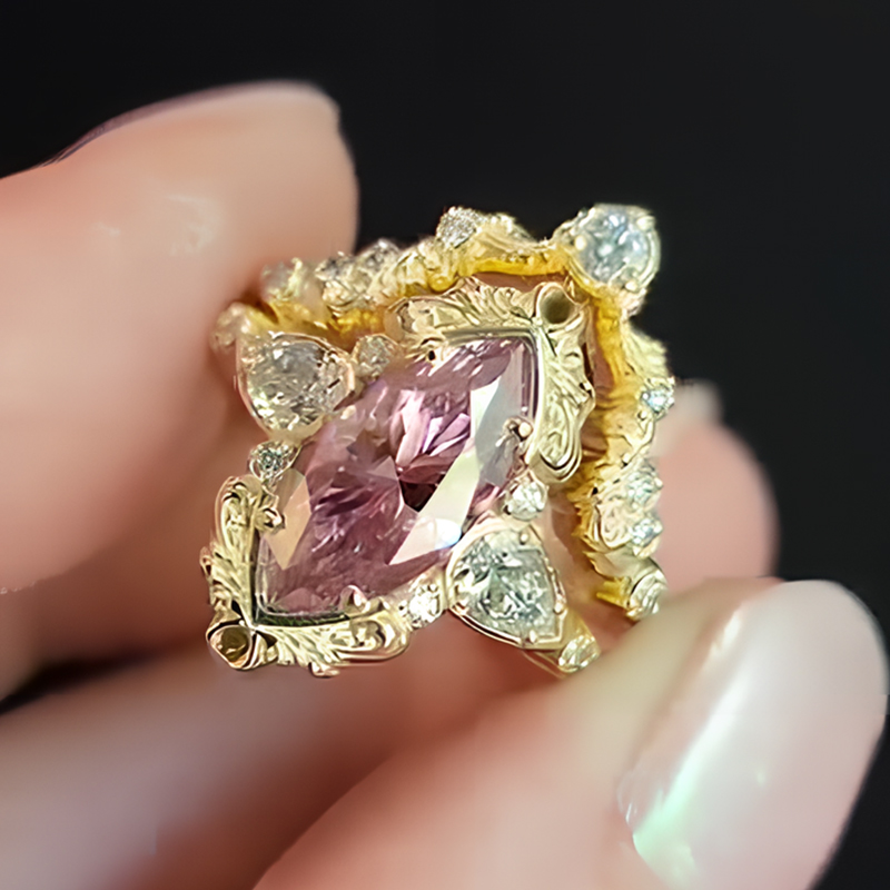 Vintage 1.5ct Marquise Cut Pink Sapphire Wedding Set