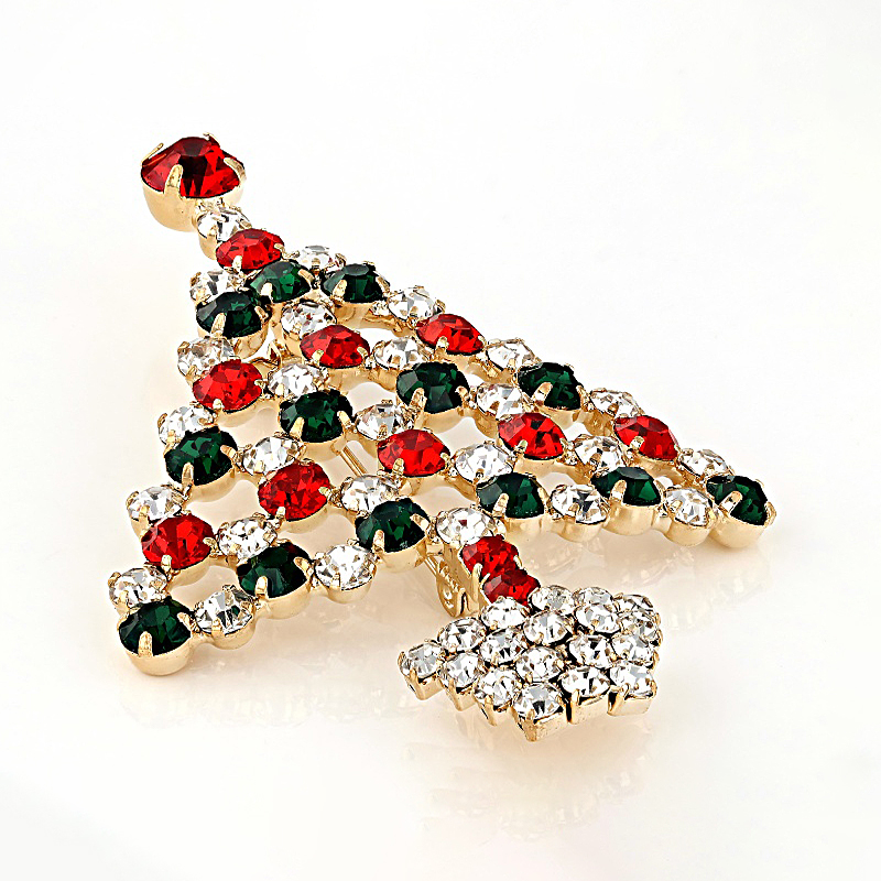 Holiday Round Cut Red, Green & White Sapphire Christmas Tree Brooch