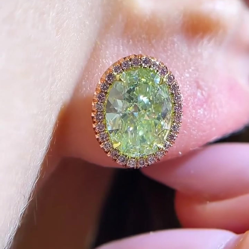 Pink Halo Oval Cut Apple Green Sapphire Stud Earrings