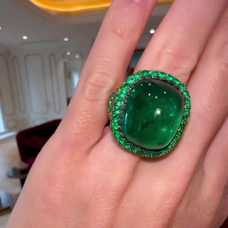 Full Pavé 8ct Emerald Sapphire Cabochon Cut Engagement Ring