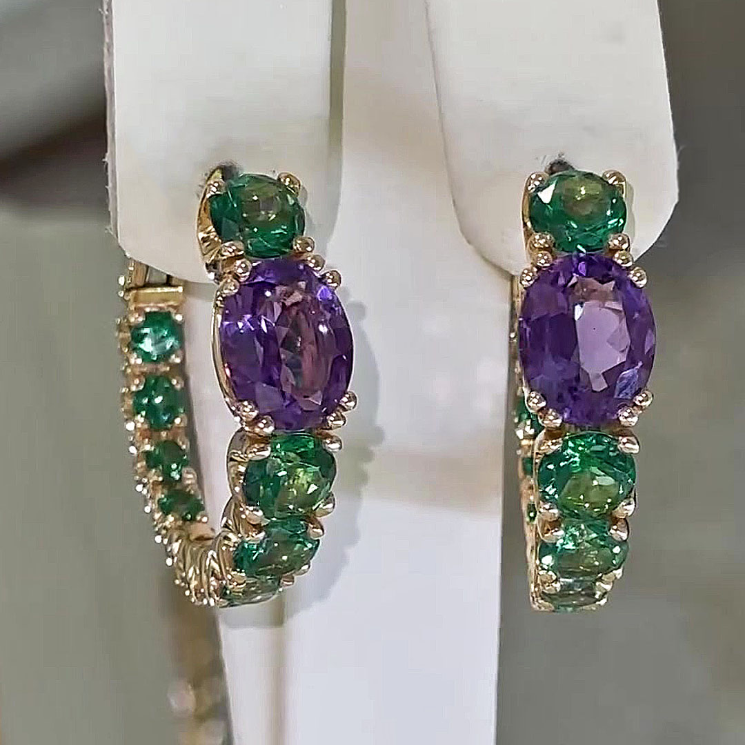 Oval&Round Cut Amethyst&Emerald Sapphire Hoop Earrings