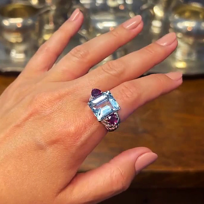 5ct Three-Stone Emerald Cut Aquamarine Sapphire Engagement Ring