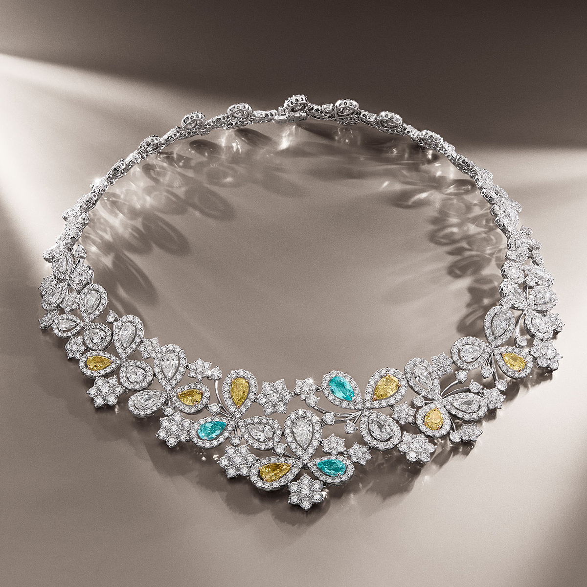 Floral Cluster White Sapphire & Multi-Color Sapphire Pear Cut Statement Choker