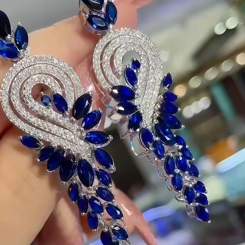 Swirl Pave Blue Sapphire Marquise Cut Drop Earrings