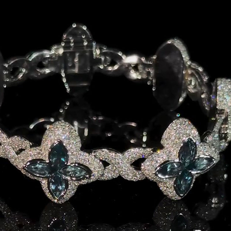 Men Marquise Cut Blue Sapphire Lucky Four Leaf Clover Bracelet