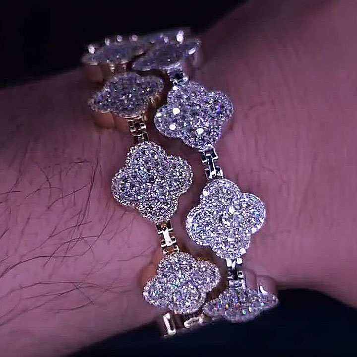 Four Leaf Clover Round Cut White Sapphire Bracelet for Men