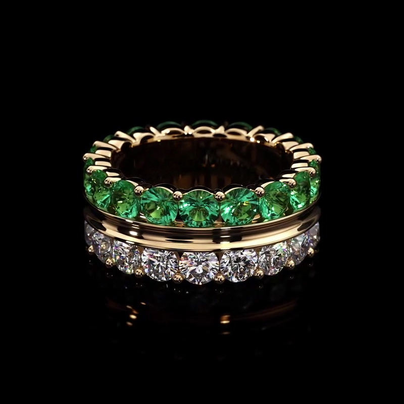 Emerald & White Sapphire Round Cut Two Color Band