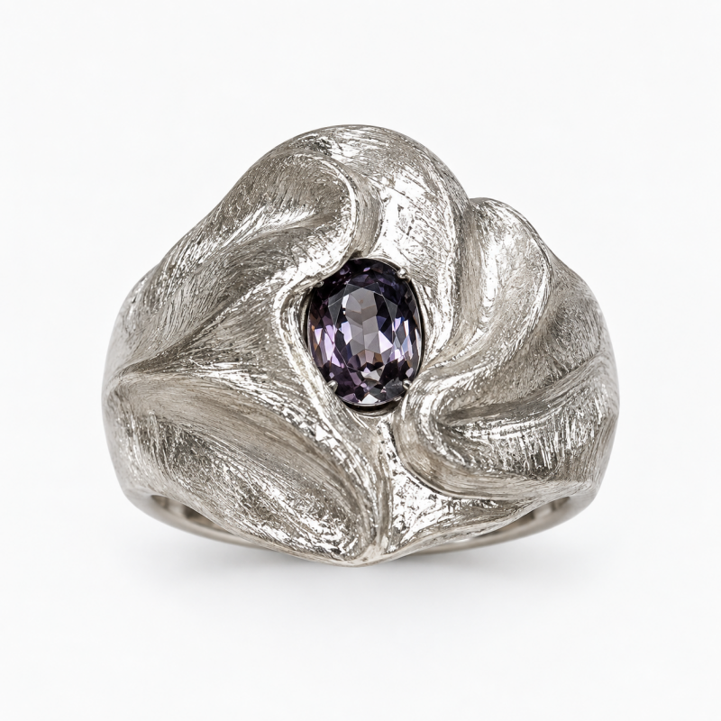 Art 1.25ct Oval Cut Purple Sapphire Fluid Brushed Textured Men's Ring