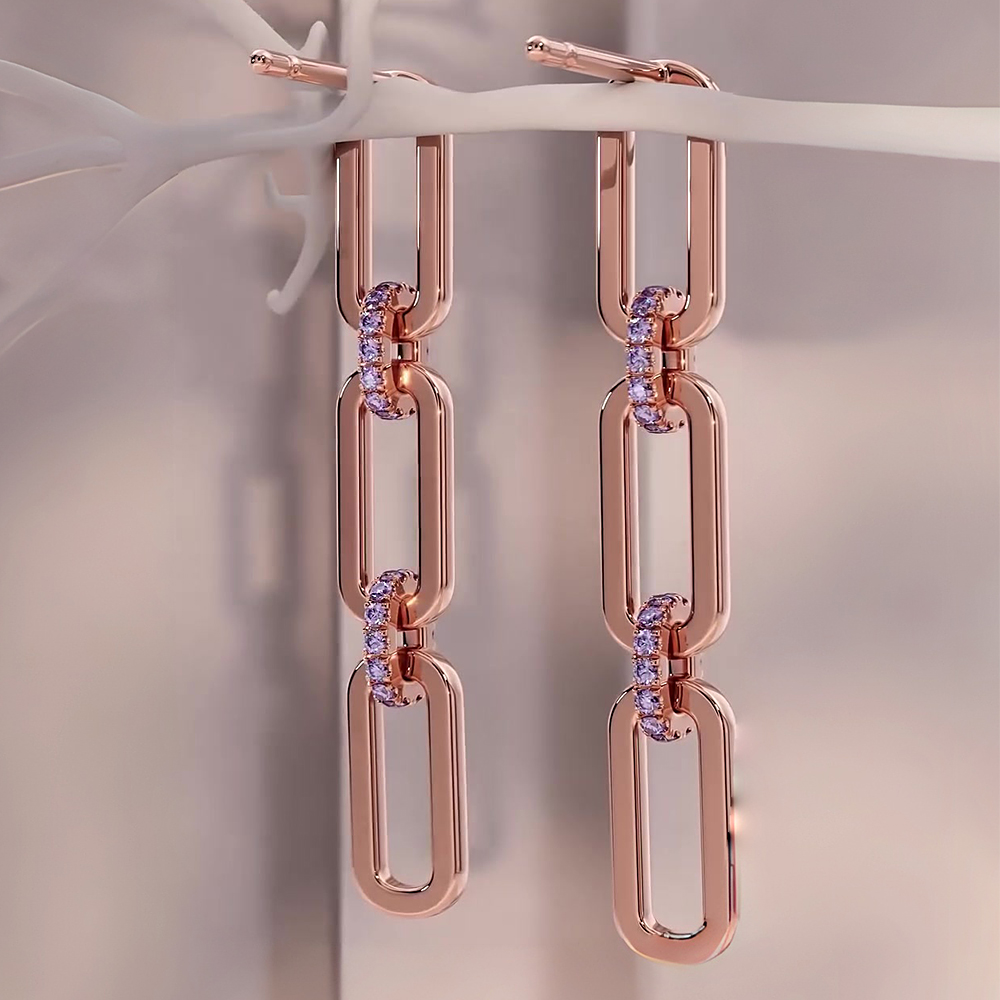 Chain-Link Round Cut Purple Sapphire Drop Earrings