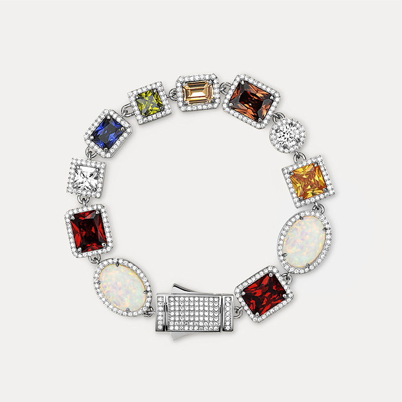 Art Deco Multi Cut Colored Gemstone Two Tone Men's Bracelet