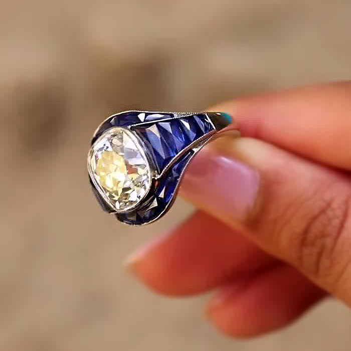 6.57ct Art Deco Cushion Cut Blue Sapphire Engagement Ring