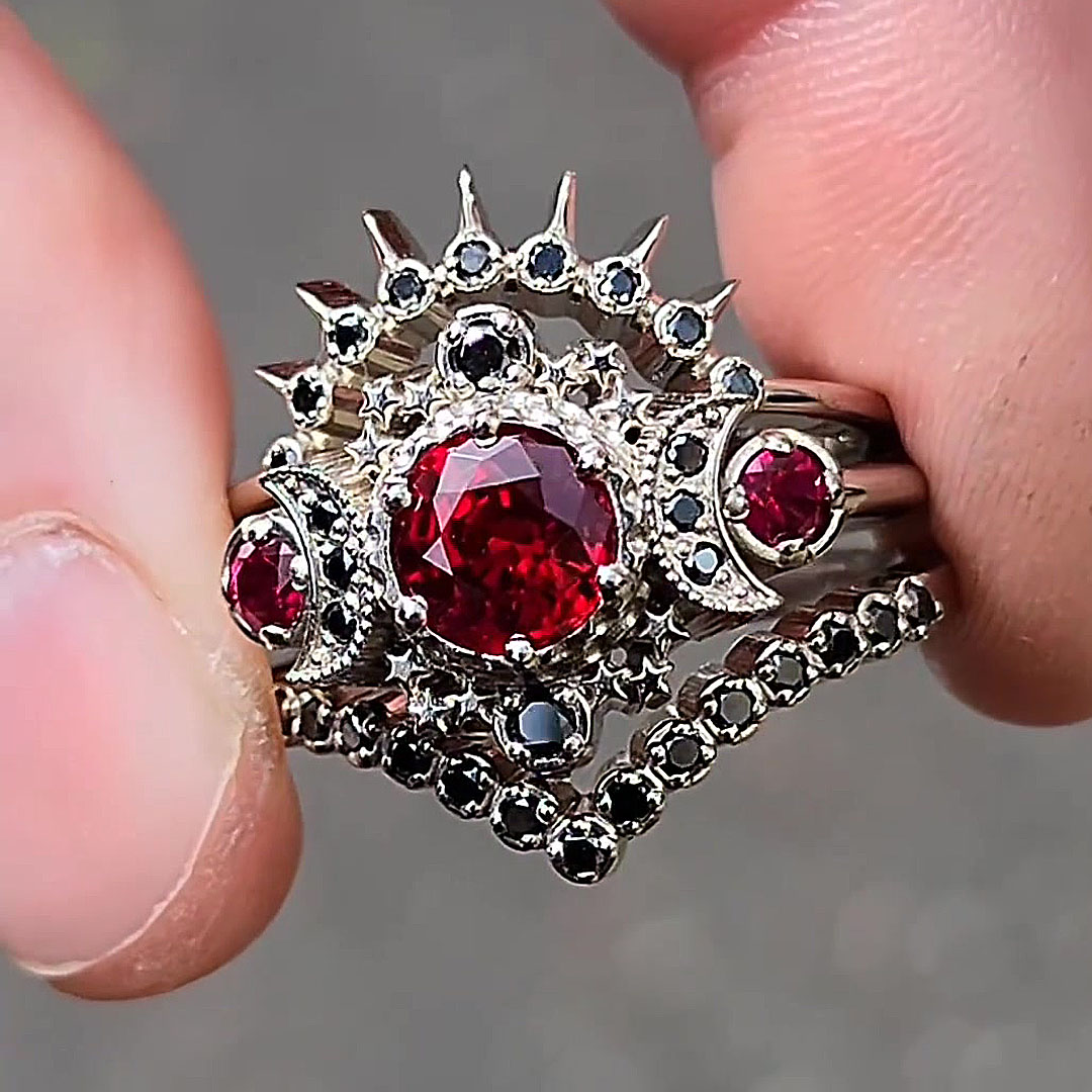 3ct Blood Moon Round Cut Ruby&Black Sapphire Wedding Set/3pcs