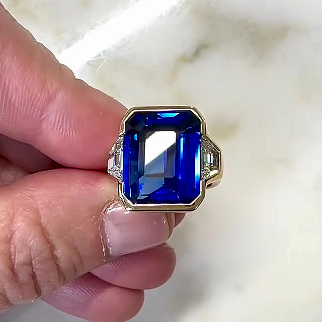 7ct Three-Stone Emerald Cut Blue Sapphire Engagement Ring