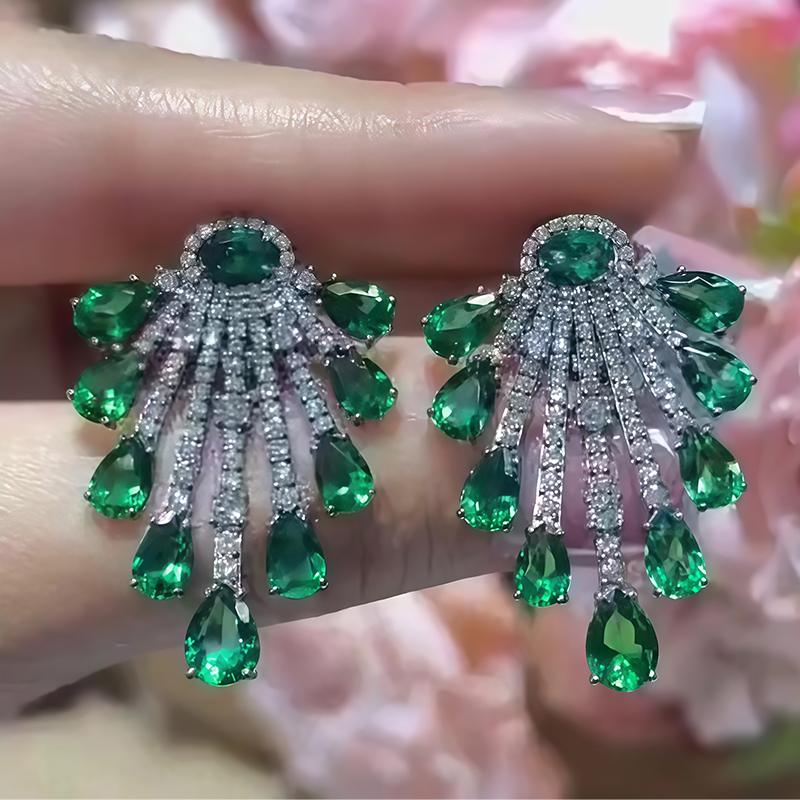Art Deco 8ctw Pear Cut Vivid Green Emerald Sapphire Chandelier Earrings