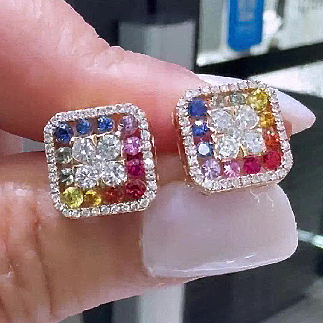 Round Cut Rainbow Sapphire Stud Earrings