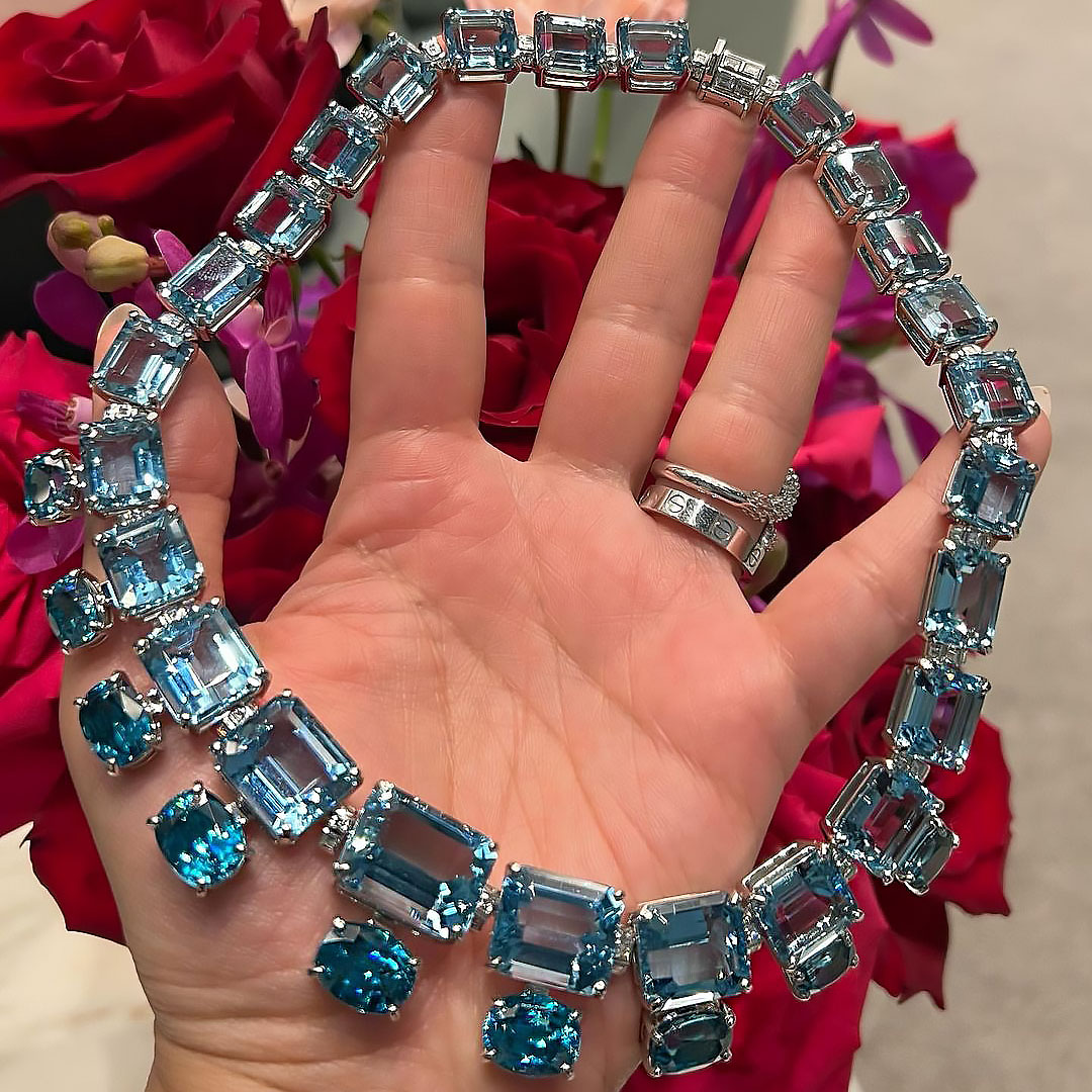 Emerald&Oval Cut Aquamarine Sapphire Necklace