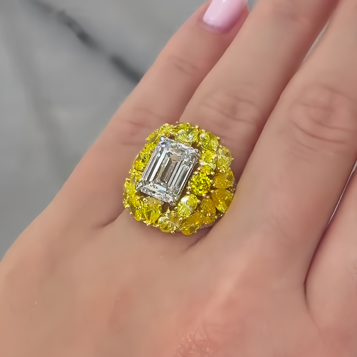 3ct Emerald Cut White Sapphire & Round Cut Yellow Sapphire Ring
