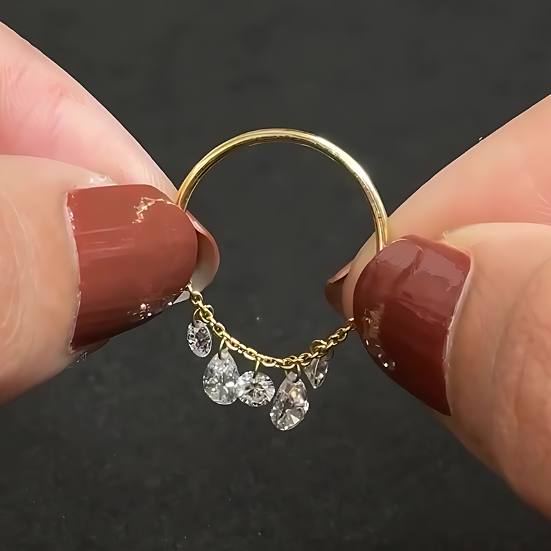 Pear & Round Cut White Sapphire Chain Tassel Dainty Ring