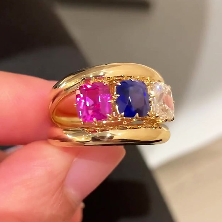 2ct Three-stone Cushion Cut Multi-color Split Shank Ring