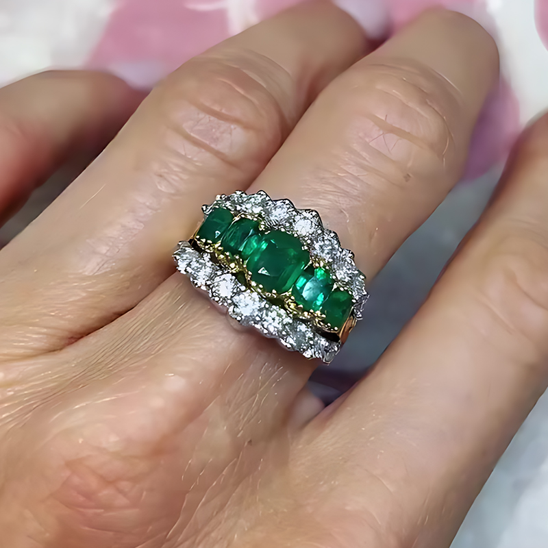 Vintage Emerald Step Cut & Diamond Two-Tone Gold Eternity Band