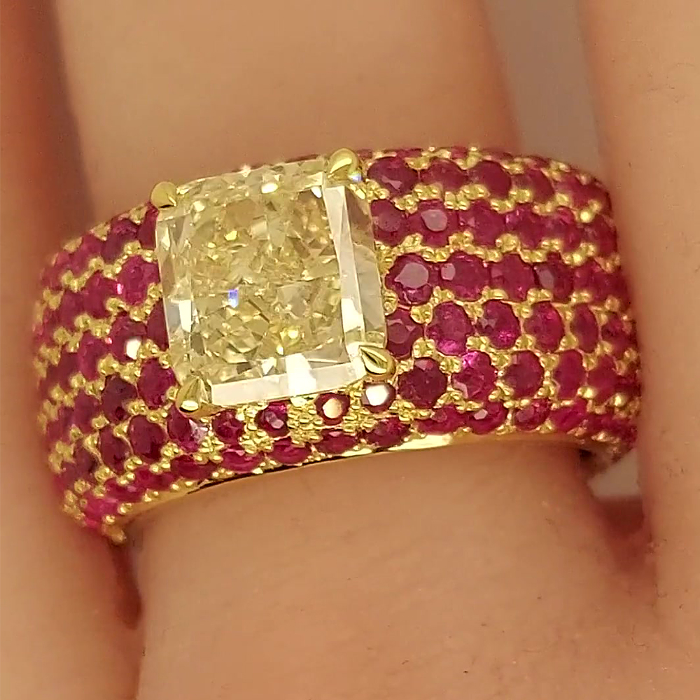 7ct Radiant Cut Fancy Yellow Sapphire Ring &Ruby Paved