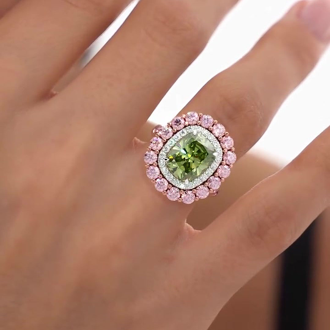 Double Halo 4ct Cushion Cut Peridot Sapphire Engagement Ring
