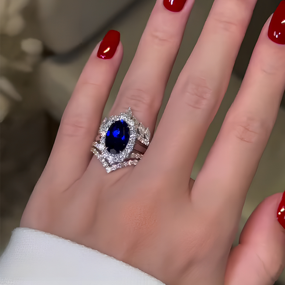 Halo 4ct Oval Cut Blue Sapphire Wedding Set/3pcs