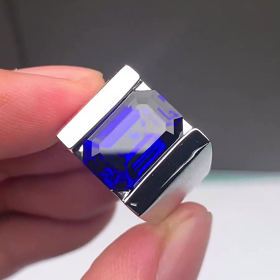 6ct Emerald Cut Blue Sapphire Men's Engagement Ring