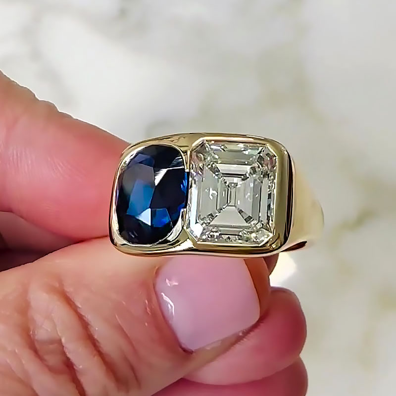 6.25ct Cushion&Emerald Cut Blue&White Sapphire Engagement Ring