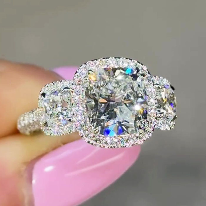3ct Halo Three-stone Cushion Cut Diamond Engagement Ring