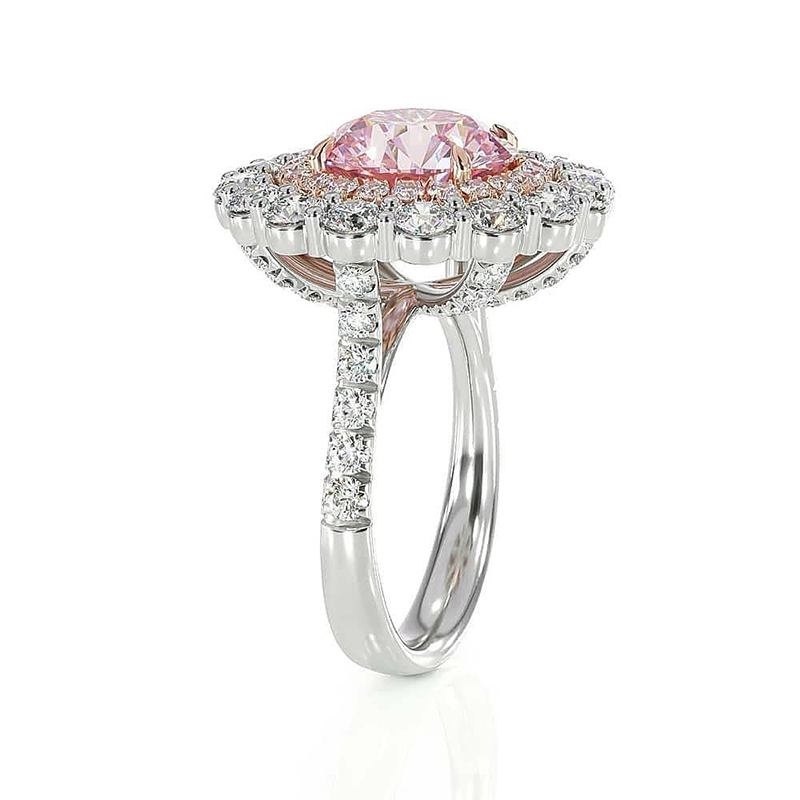 Round Brilliant Cut Pink Sapphire & Double Halo Engagement Ring