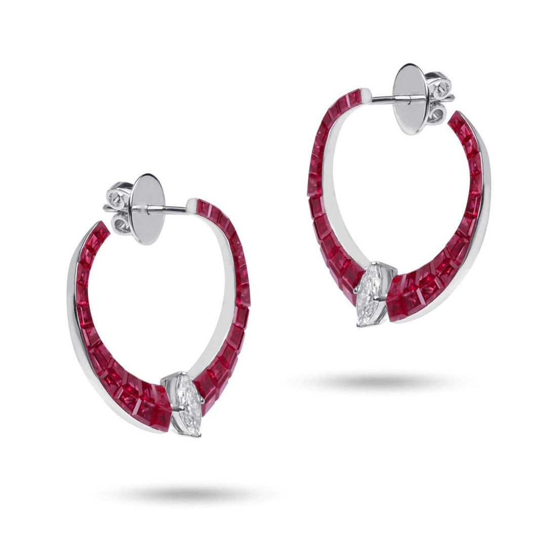 Marquise&Baguette Cut Ruby&White Sapphire Hoop Earrings