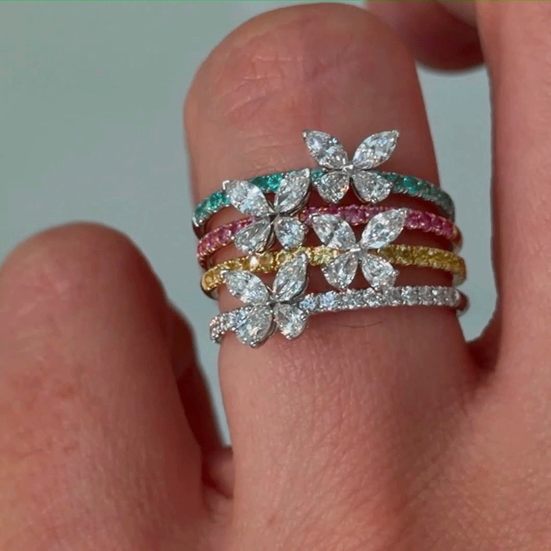 Pear & Marquise Cut White Sapphire Butterfly Shaped Stacked Wedding Set / 5 pc