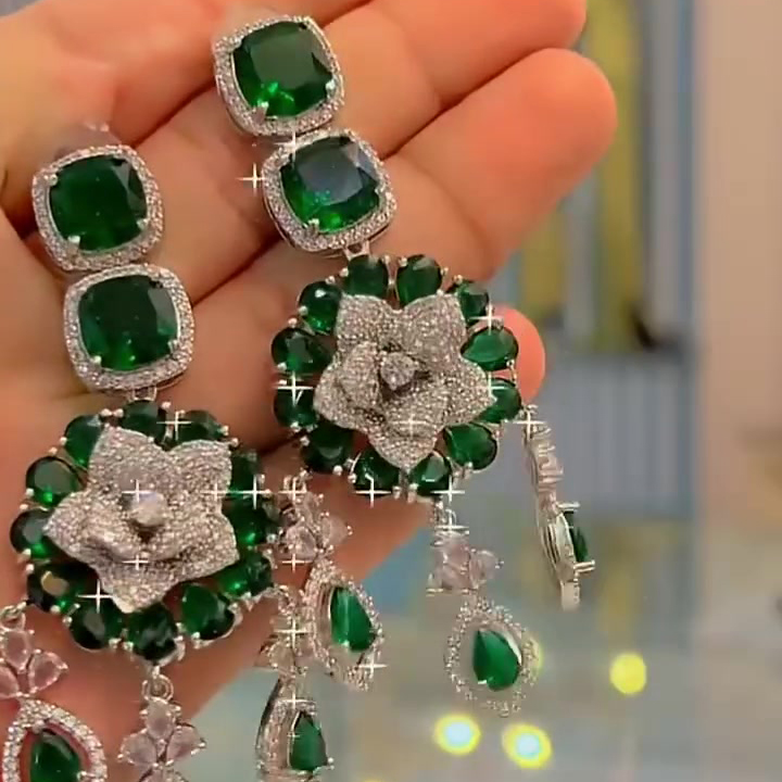 Cushion Cut Emerald & Multiple Cut White Sapphire Dangle Earrings