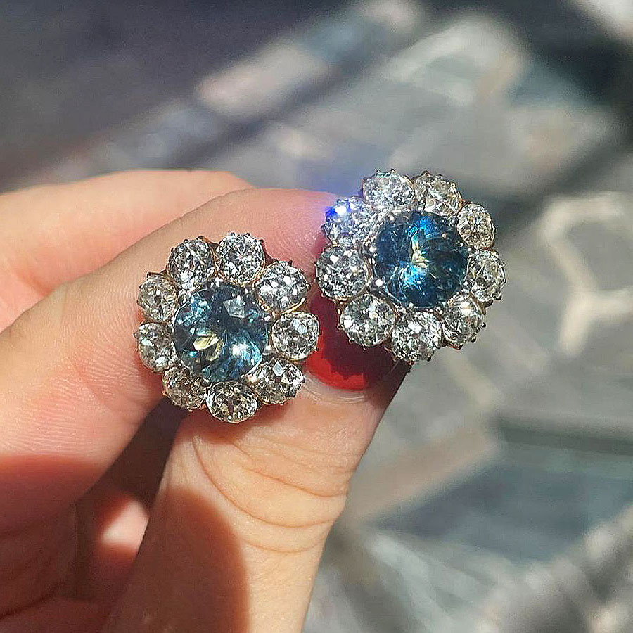 Round Cut Aquamarine Sapphire Stud Earrings