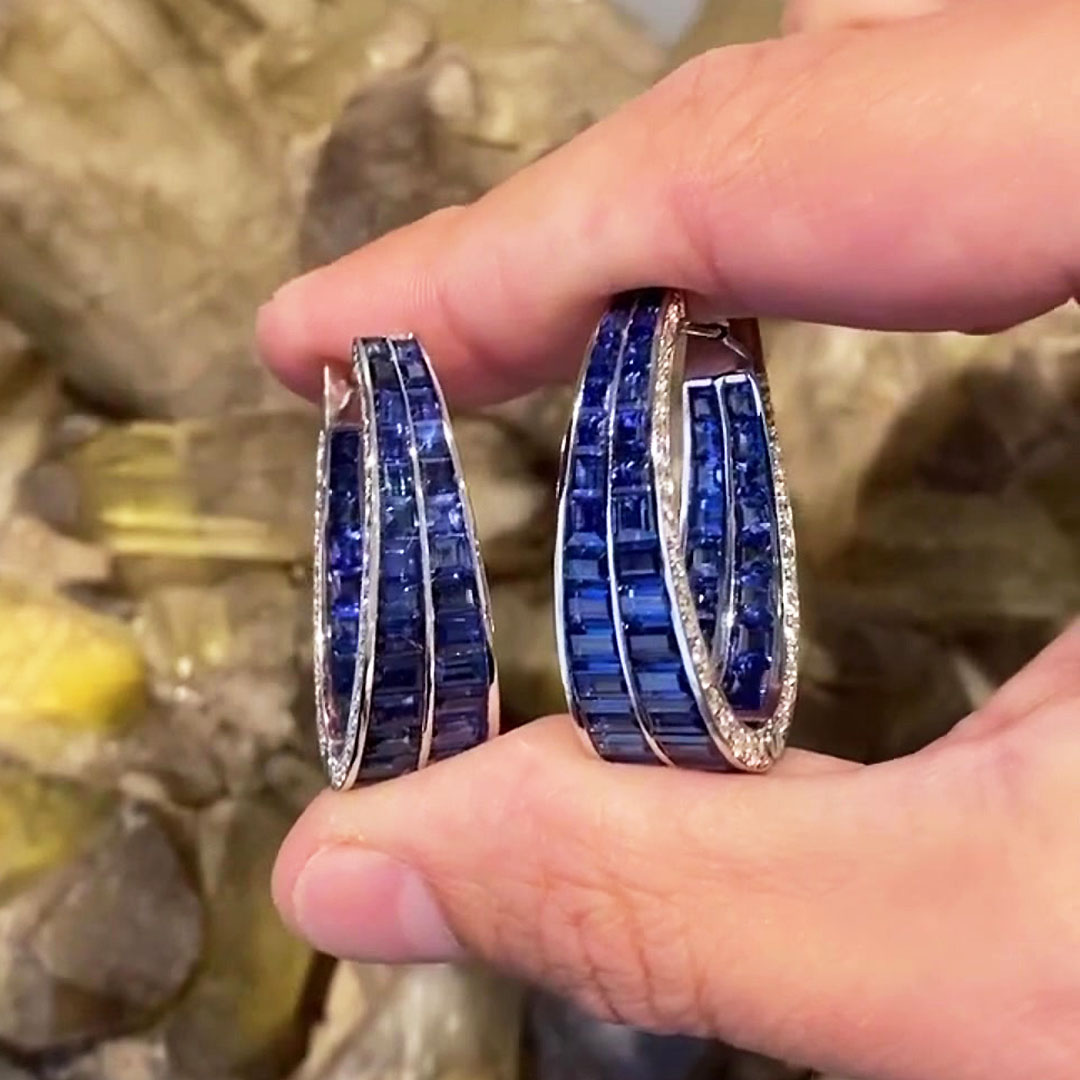 Invisible Setting Blue Sapphire Inside-out Hoop Earrings