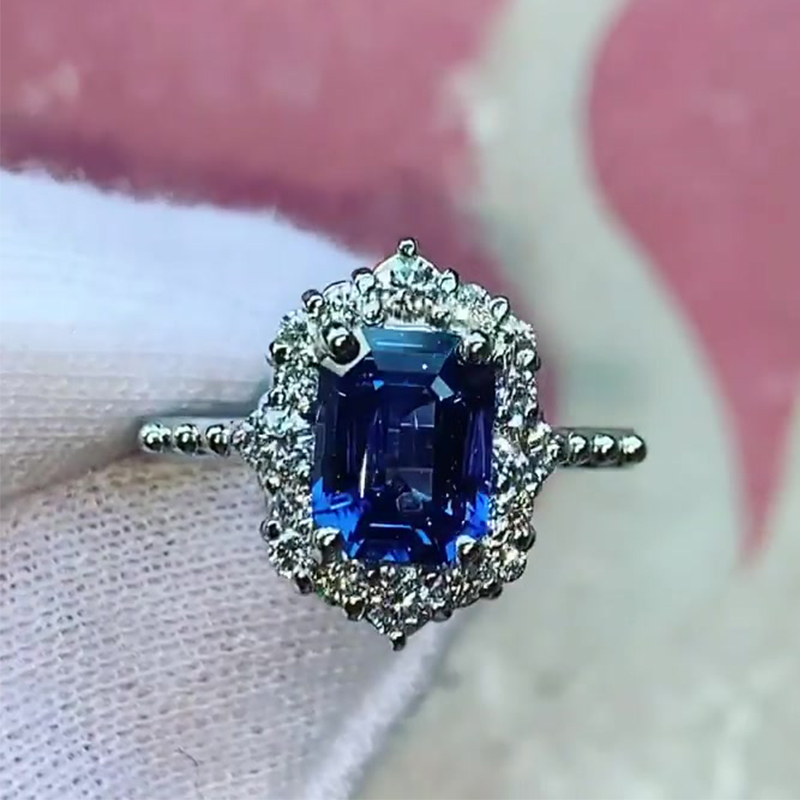 2.8ct Emerald-Cut Blue Sapphire Vintage Halo Ring