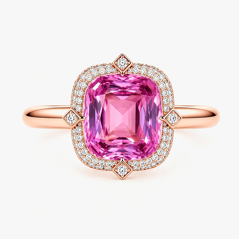 3.75ct Cushion Cut Pink Sapphire Halo Cocktail Ring with Round Cut White Sapphire Accents