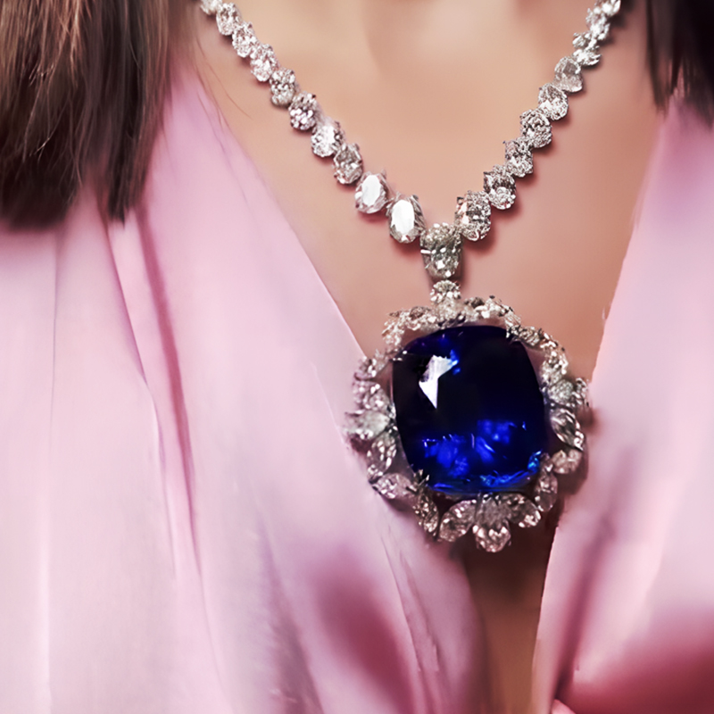 Halo Cushion Cut Blue Sapphire Pendant Necklace