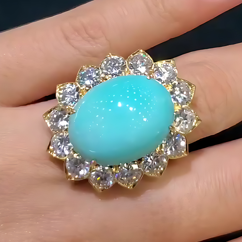 Oval Cabochon Turquoise & White Sapphire Halo Ring