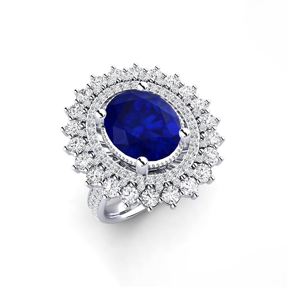 6 Color Options Oval Cut Blue Sapphire Double Halo Ring