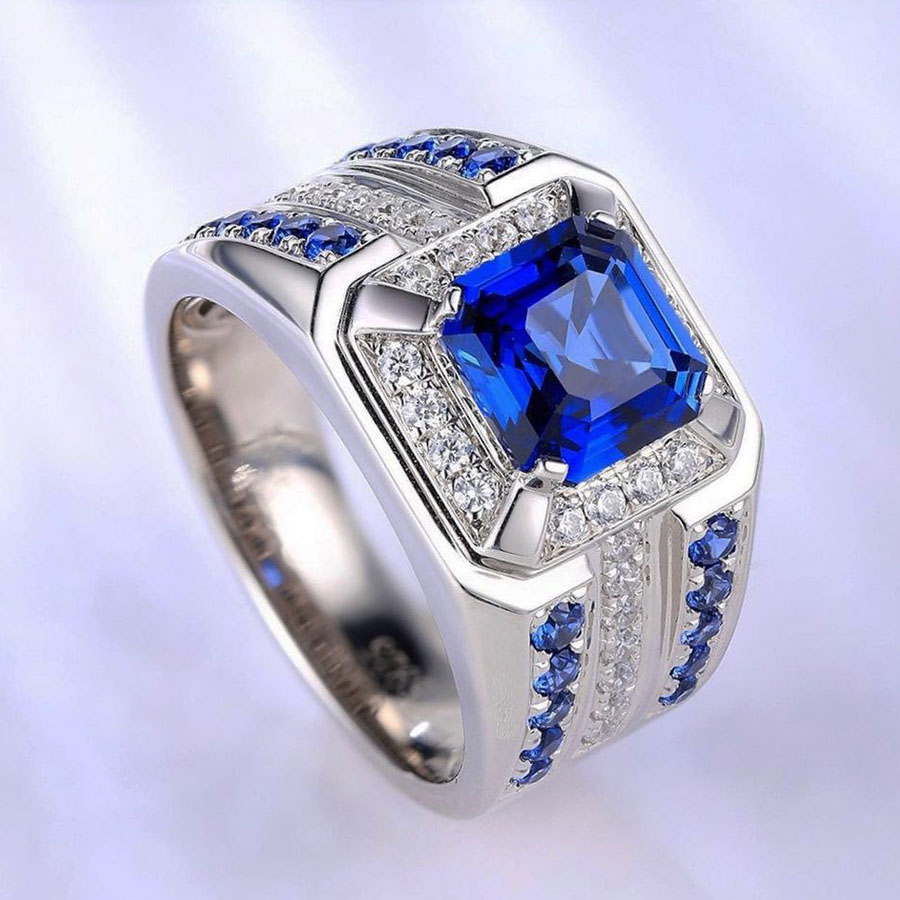 4ct Asscher Cut Blue Sapphire Men's Engagement Ring
