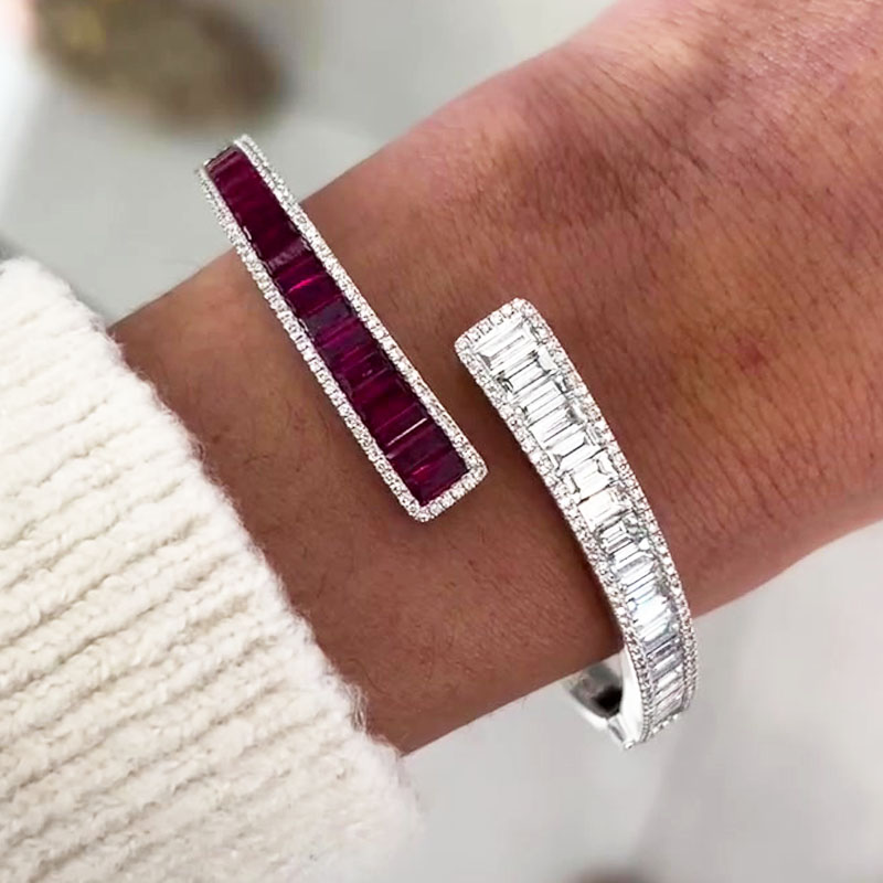 Baguette&Round Cut Ruby&Diamond Open Bracelet
